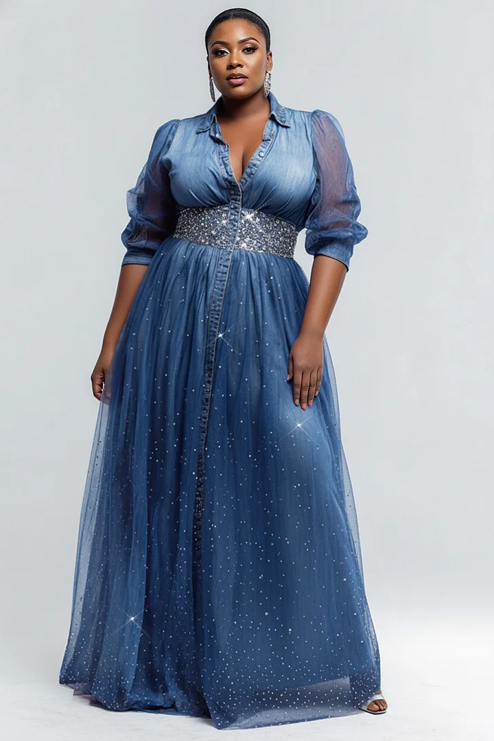 Xpluswear Design Plus Size Formal Tulle Blue Shirt Collar Half Sleeve Drilling See Through Tencel Denim Maxi Dresses 2024 - Xpluswear