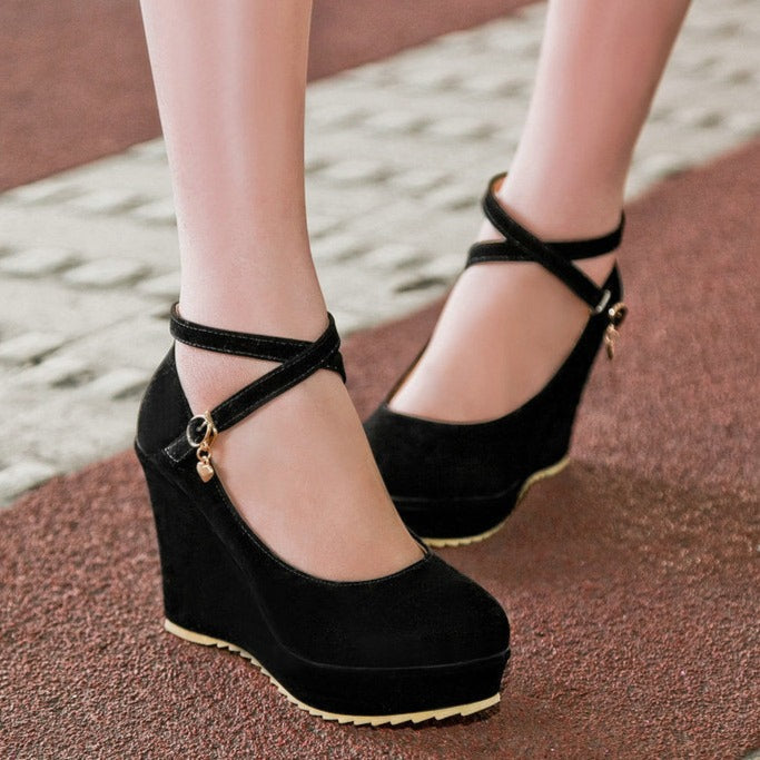 Ankle criss cross strap wedge shoes spring summer round toe princess wedge loafers