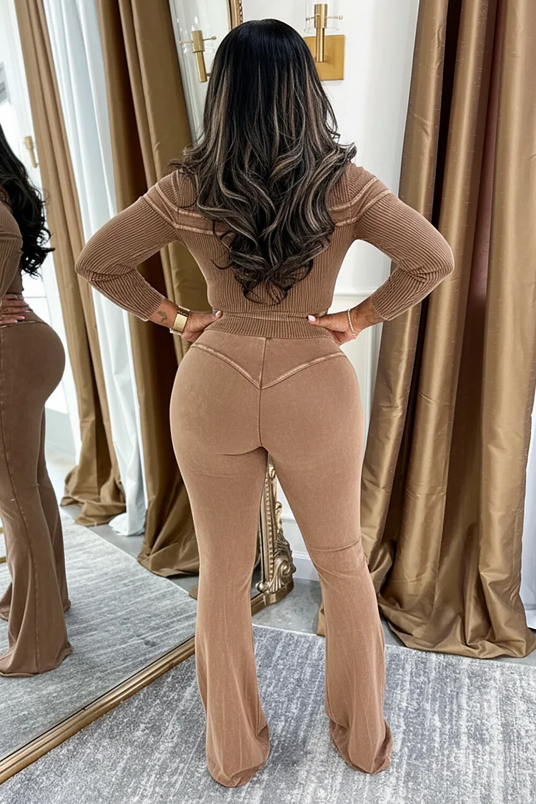 Long Sleeve Zipper Top Tie Up Bootcut Pants 2pcs Set-Coffee