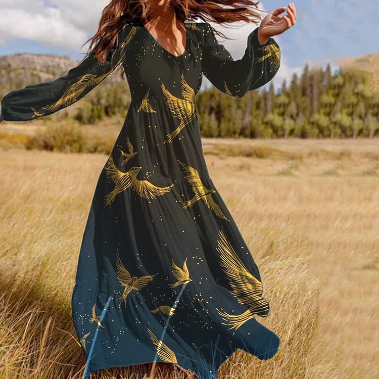 Women's Bohemian Long Sleeve Printed Dress socialshop