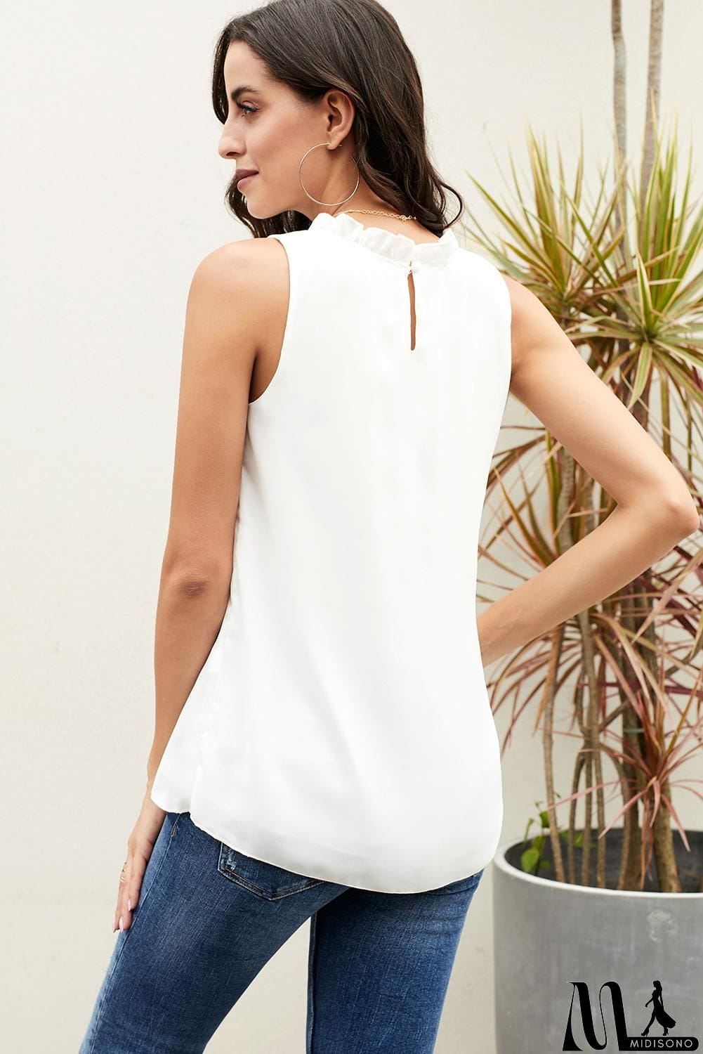 MidiSono - Chic White Ruffle Trim Neckline Tank Top