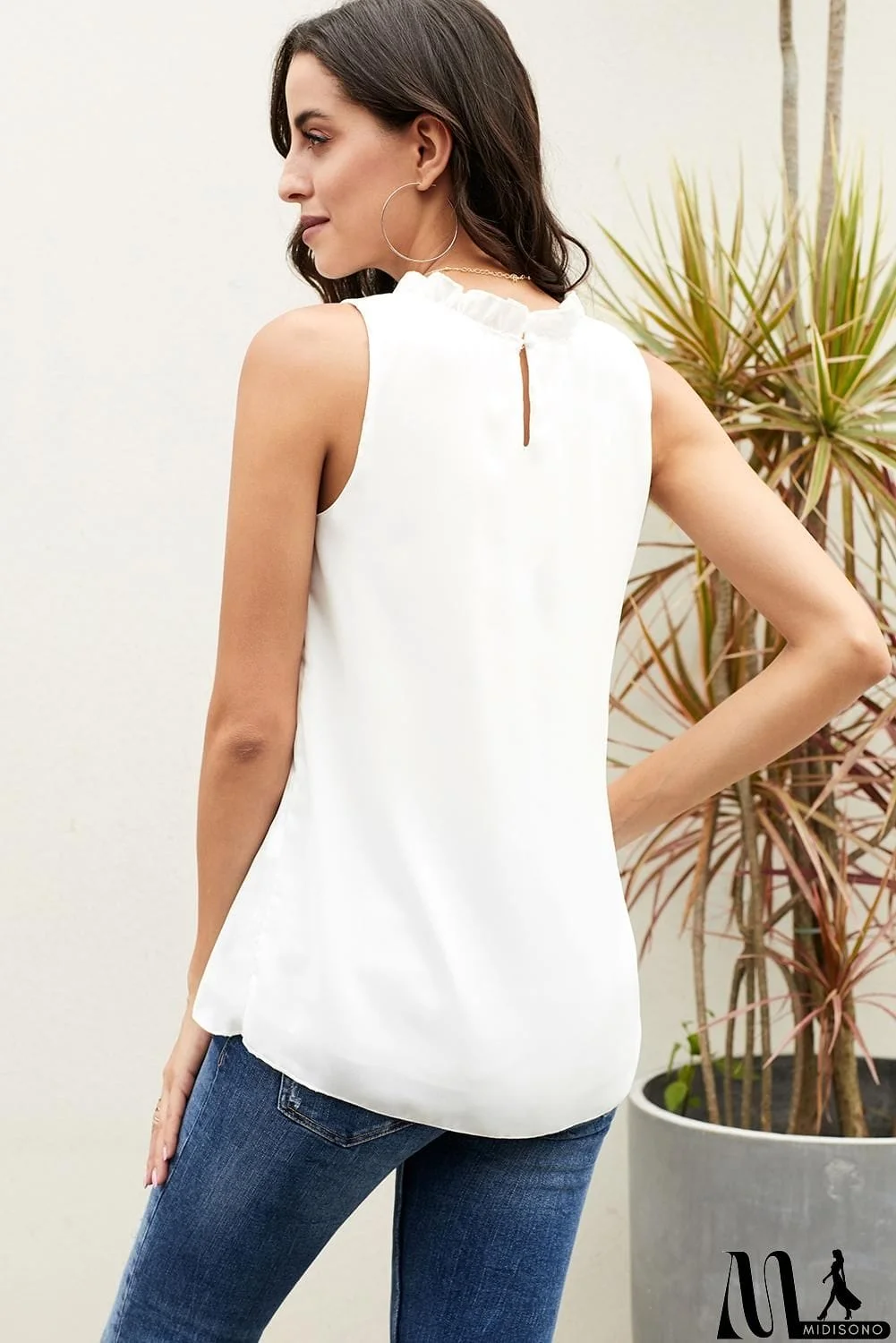 MidiSono - Chic White Ruffle Trim Neckline Tank Top