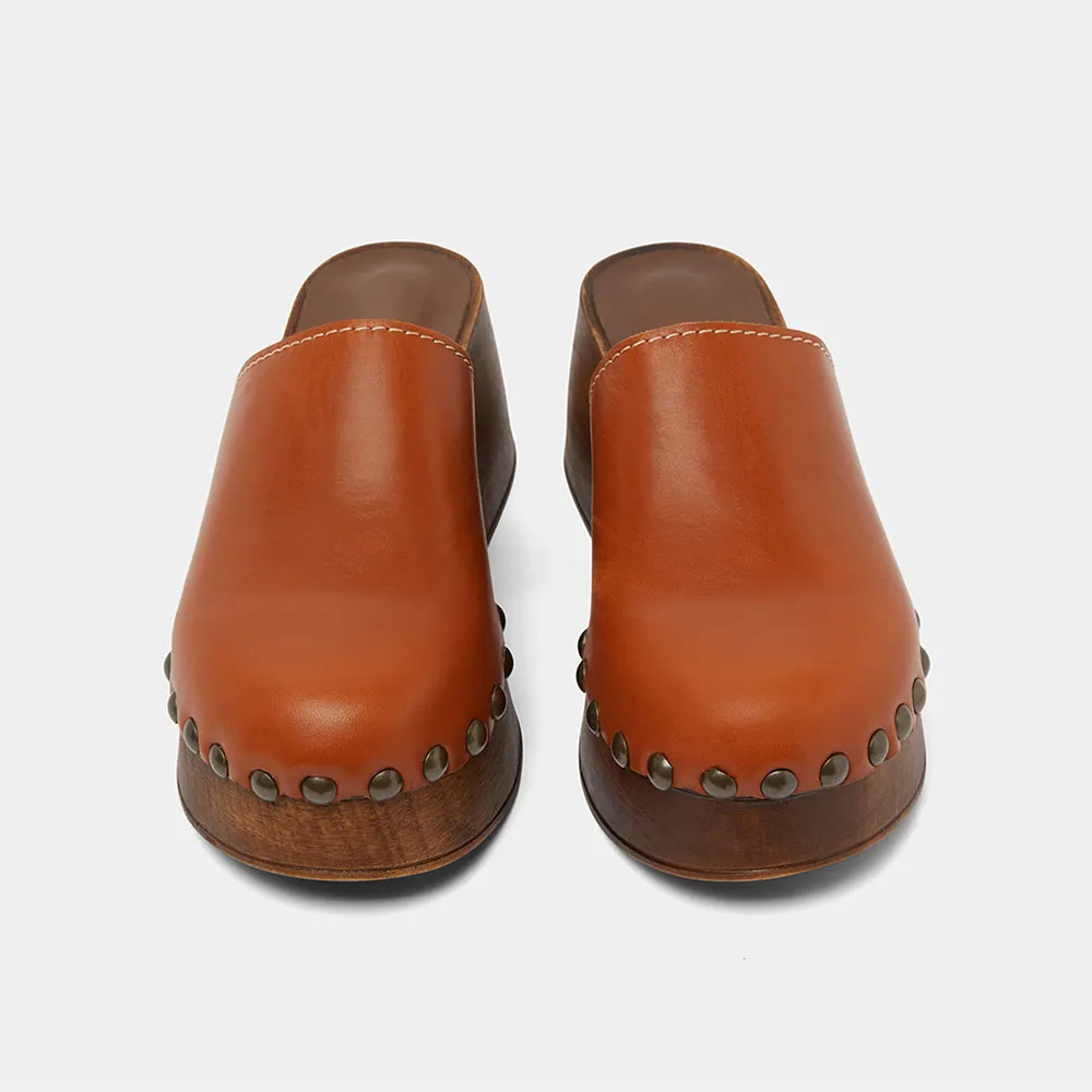 Brown Round Toe Chunky Heel Platform Studded Women's Mules Shoes