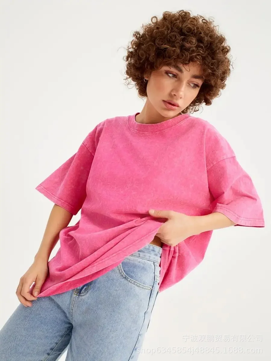 Athvotar Athvotar Spring And Summer New Solid Color T-Shirt Women's Water Wash To Make Old Batik Coat Hot Cotton Short Sleeves