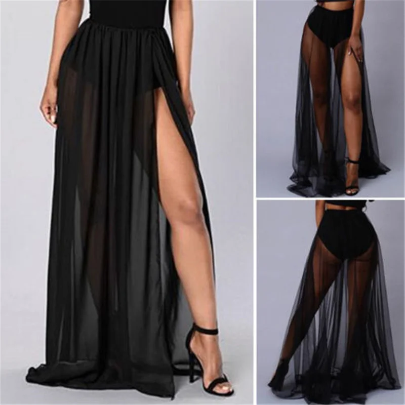 Brownm Women High Waist Mesh Skirts Empire See Through Sheer Side Split Skirt Solid Transparent Chiffon Maxi Long Skirt Summer 2023