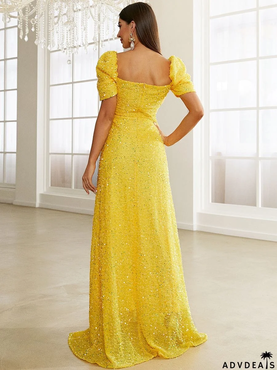 Light Yellow Floor Length Puff Sleeve Sequin Dress XJ1509