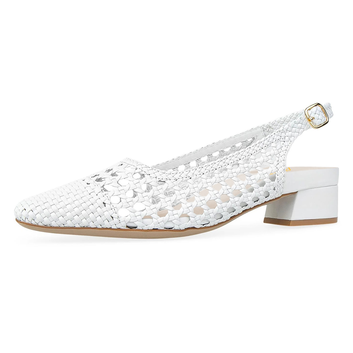 White Woven Cut Out Square Toe Block Heel Buckled Slingback Shoes Nicepairs