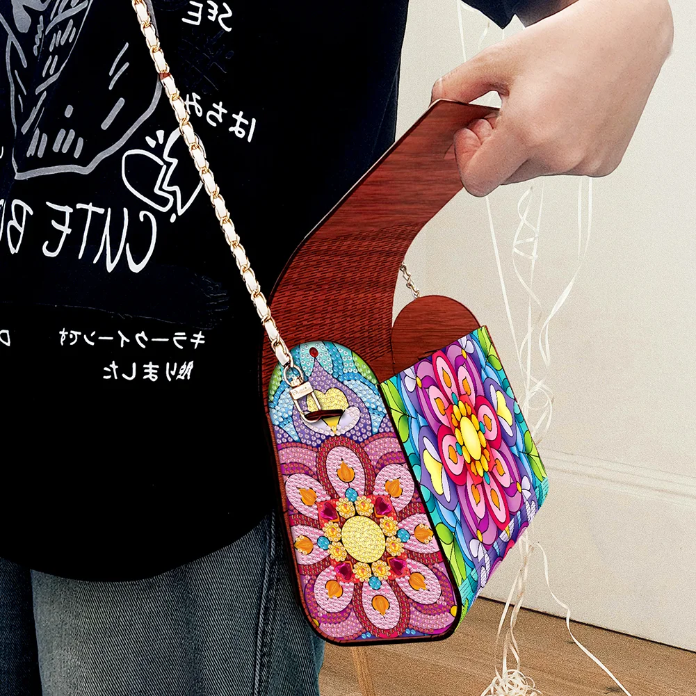 DIY Mandala Diamond Art Wooden Coin Pouch with Chain 5D Diamond Painting Purse