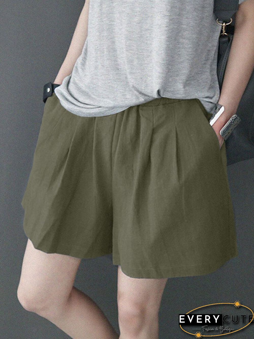 Leisure Solid Ruched Pocket Cotton Shorts