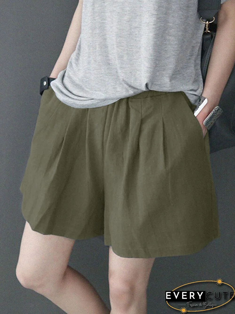 Leisure Solid Ruched Pocket Cotton Shorts