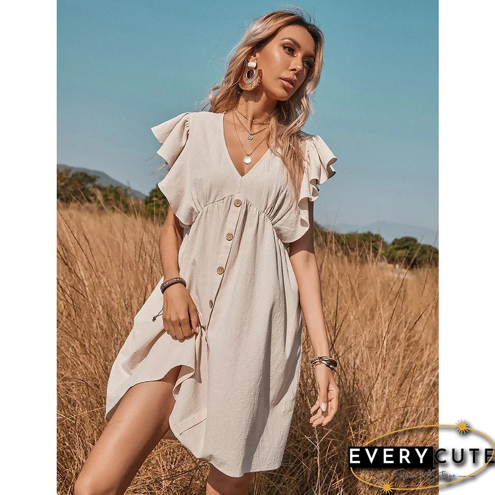 Khaki V Neck Button Ruffle Sleeve Swing Dress