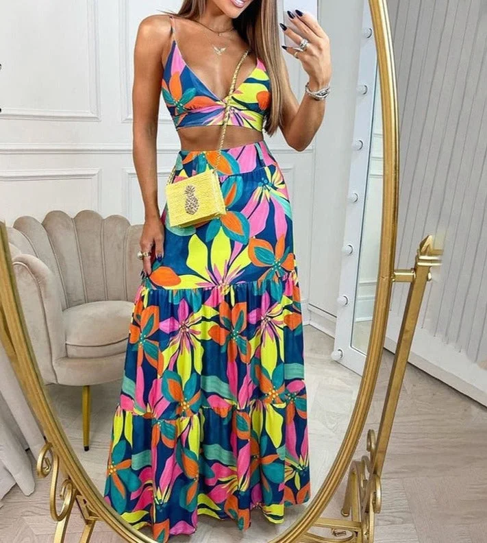 Back to School Two Piece Sets Sleeveless Printed Skirt Two-Piece  Tops Elegant Long Dress Beach Suit
