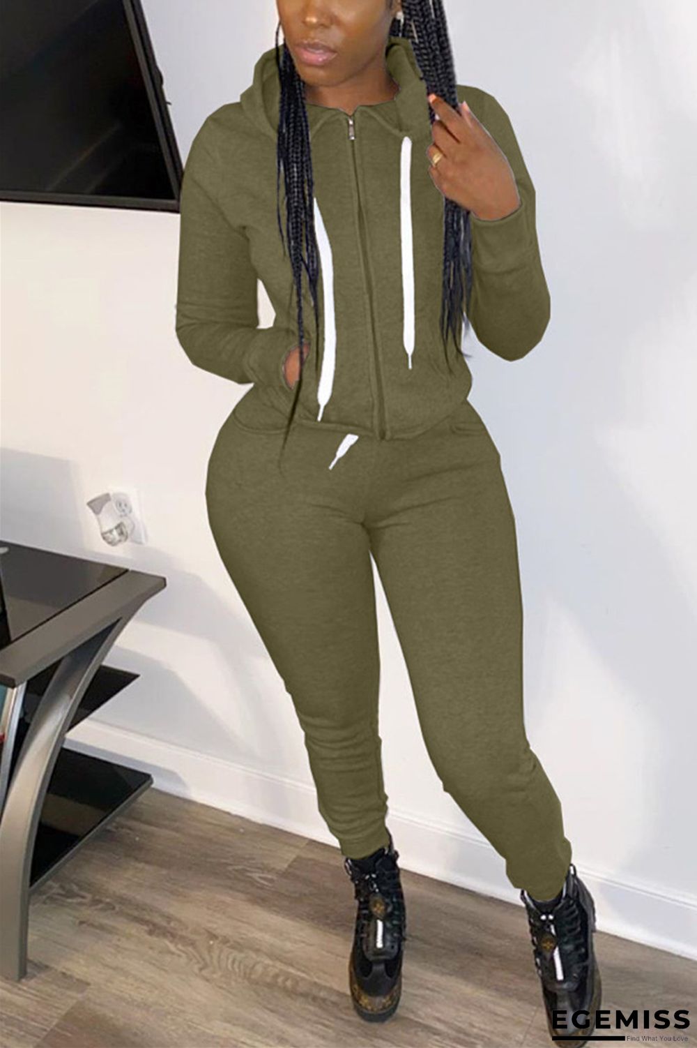 Army Green Fashion Casual Adult Solid Pocket Hooded Collar Long Sleeve Regular Sleeve Regular Two Pieces | EGEMISS
