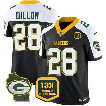 Youth Green Bay Packers #28 AJ Dillon Black 2023 F.U.S.E. Home Patch 13 Time World Champions Vapor Untouchable Limited Jersey