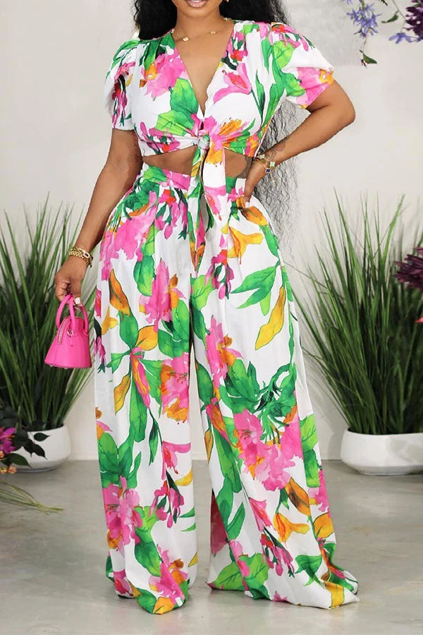 Floral Print Tropical Lace-Up Wide Leg Pant Suit