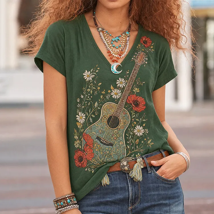 Women's Vintage Guitar Print Graphic Top