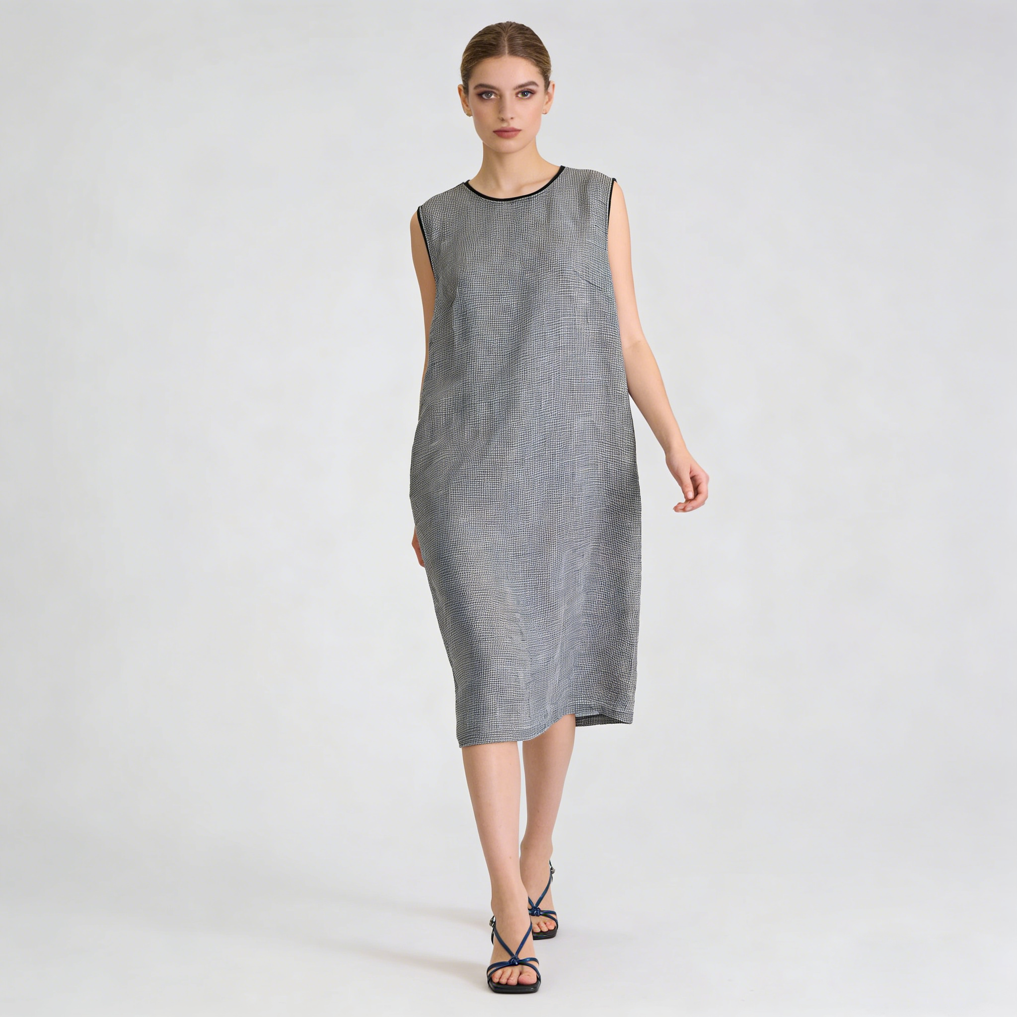 Linen Shift Dress Women 100% Linen Sleeveless Plaid Midi Dress REAL SILK LIFE