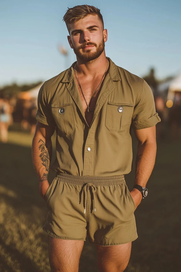 Men's Notch Lapel Elastic Waist Casual Khaki Romper 
