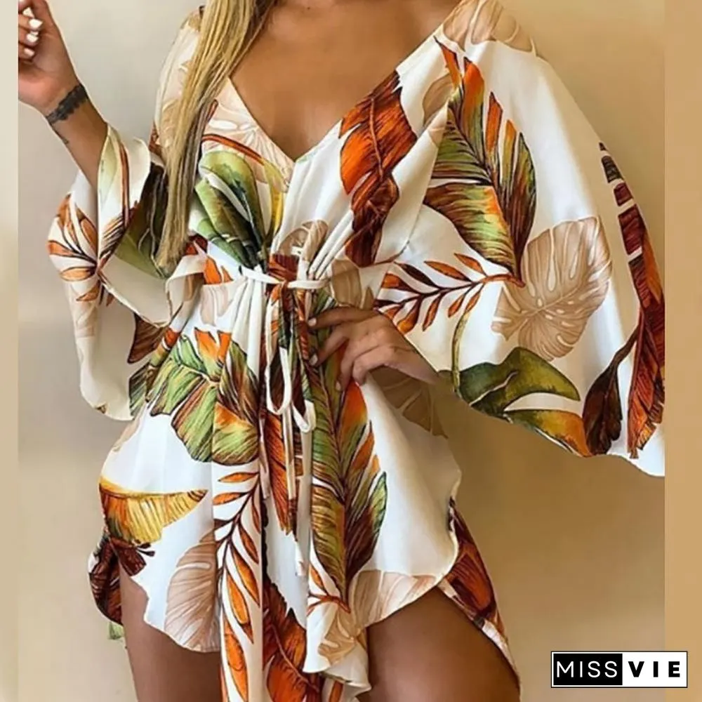V-Neck Leaf Print Party Women Elegant Lace-Up Waist Casual Irregular Beach dress sexy