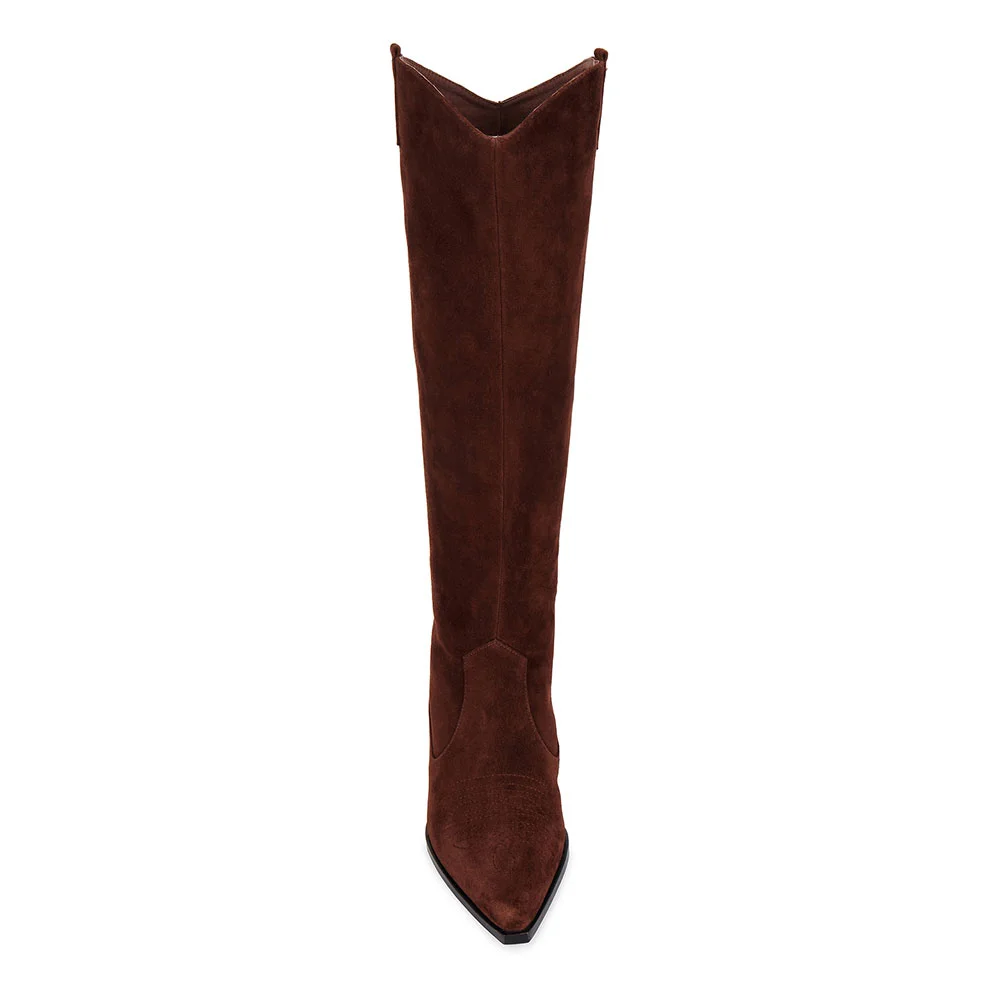 Dark Brown Vegan Suede Pointed Toe Chunky Heel Knee High Cowgirl Boots