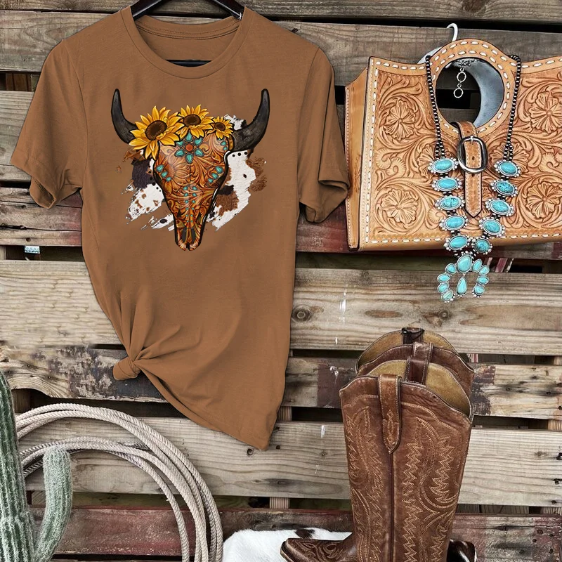 Women's Casual Western Cow Skull Sunflower Printed T-shirt