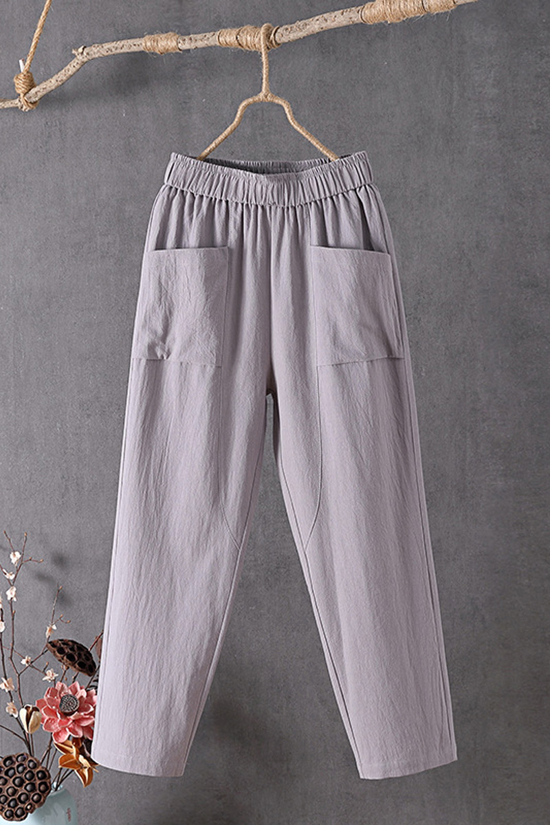Plus Size Casual White Cotton And Linen Pocket Pleated Pants 2024 - Flycurvy 
