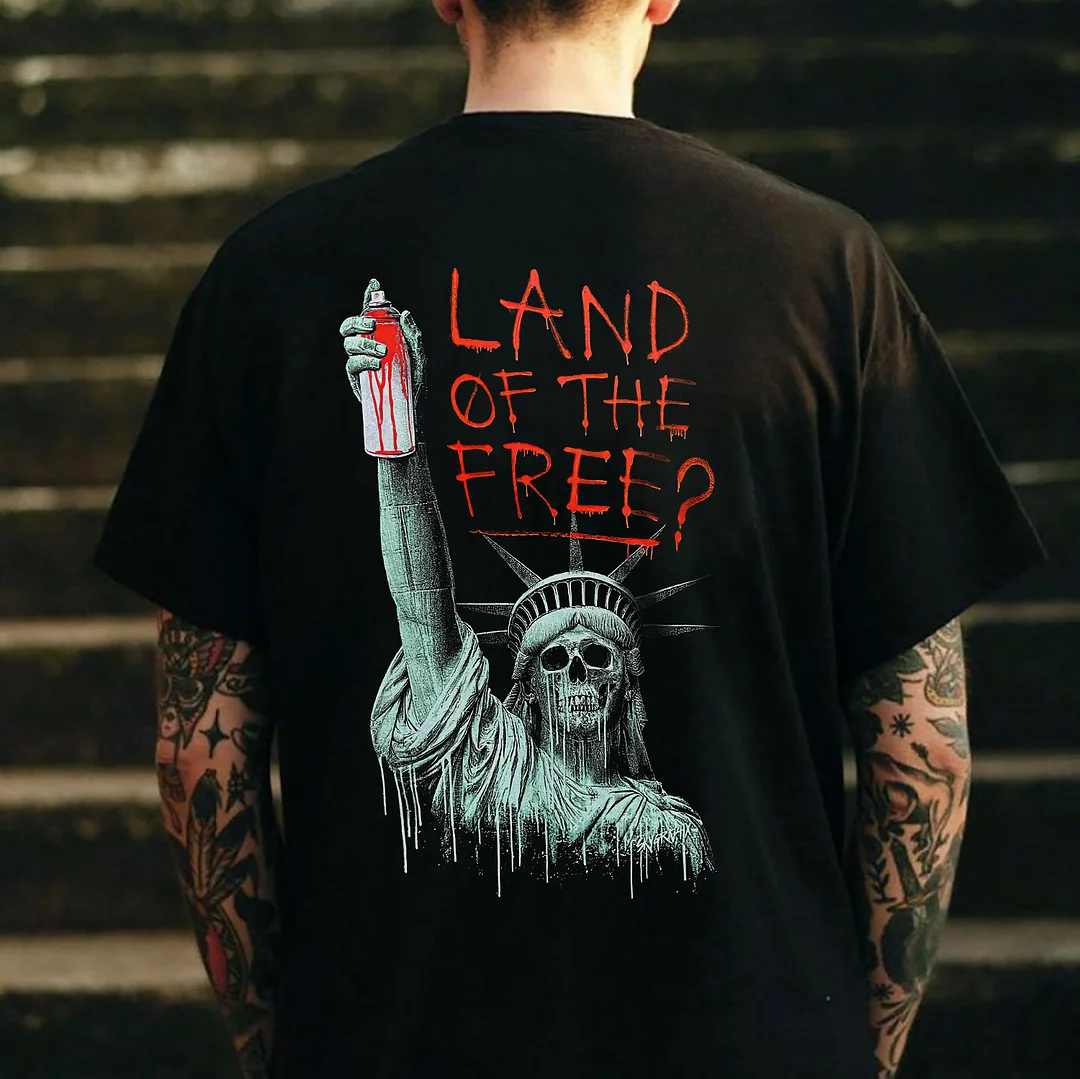 LAND OF THE FREE Statue of Liberty Skull Black Print T-shirt