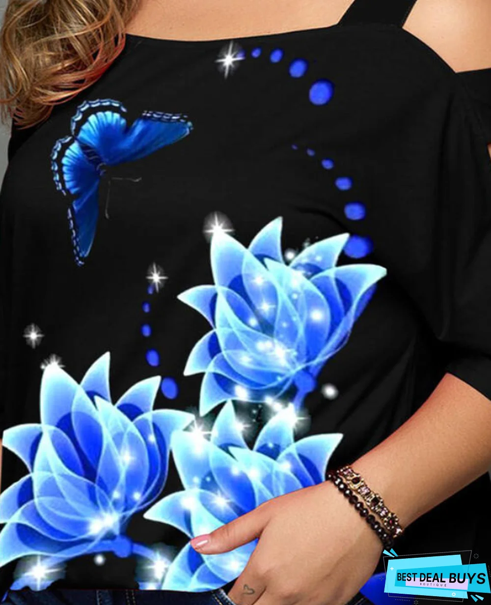 Print Floral Cold Shoulder 3/4 Sleeves Casual Plus Size Blouses