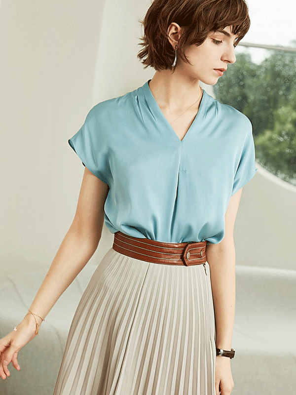 Nattier Blue Short Sleeve V-neck Silk Blouse REAL SILK LIFE