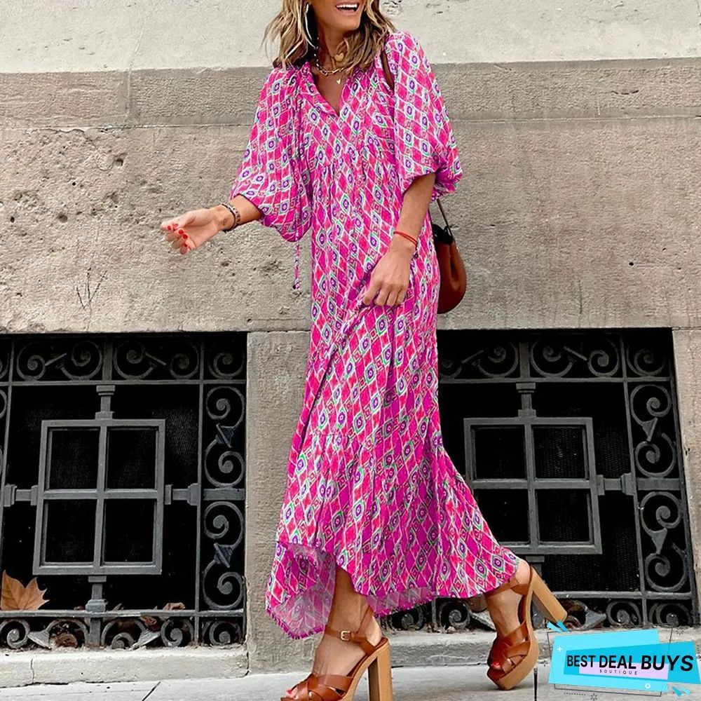 Short Sleeved Medium Length Bohemian Print Dress