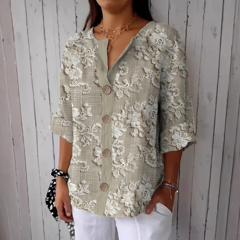 Comstylish Women's Floral Print Linen Blend Casual Shirt