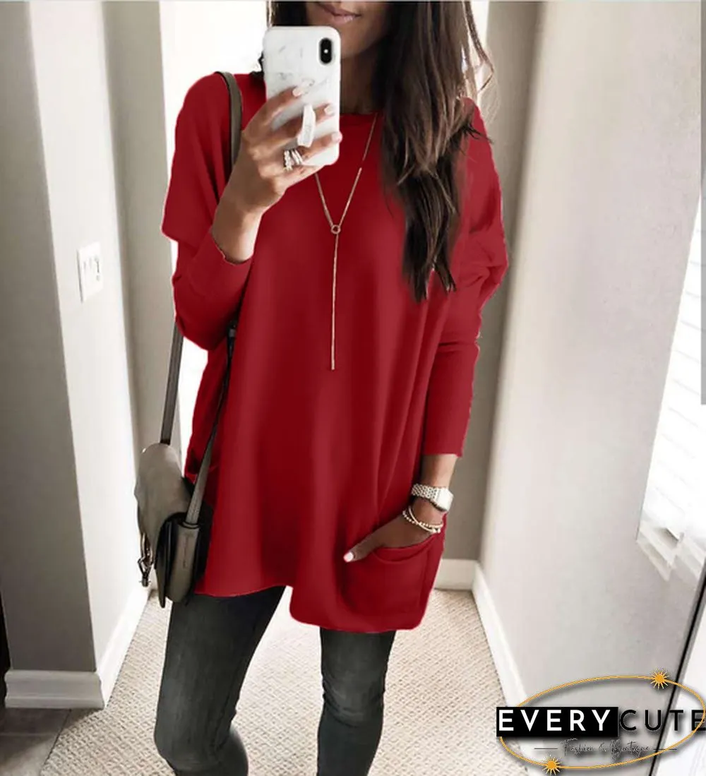 Plus Size Womens Autumn & Winter Casual Top Loose Pocket T-Shirt Long Sleeve Bat Blouse