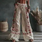 Women's Spring Roses Embroidered Art Print Flowy Linen Blend Casual Pants - Image 2