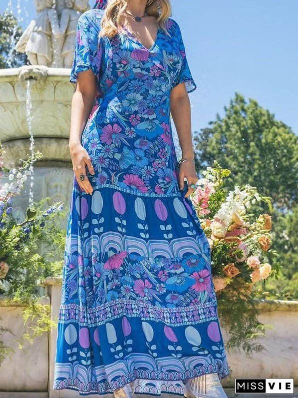 Women's Dresses Vintage Print V-Neck Short Sleeve Dress