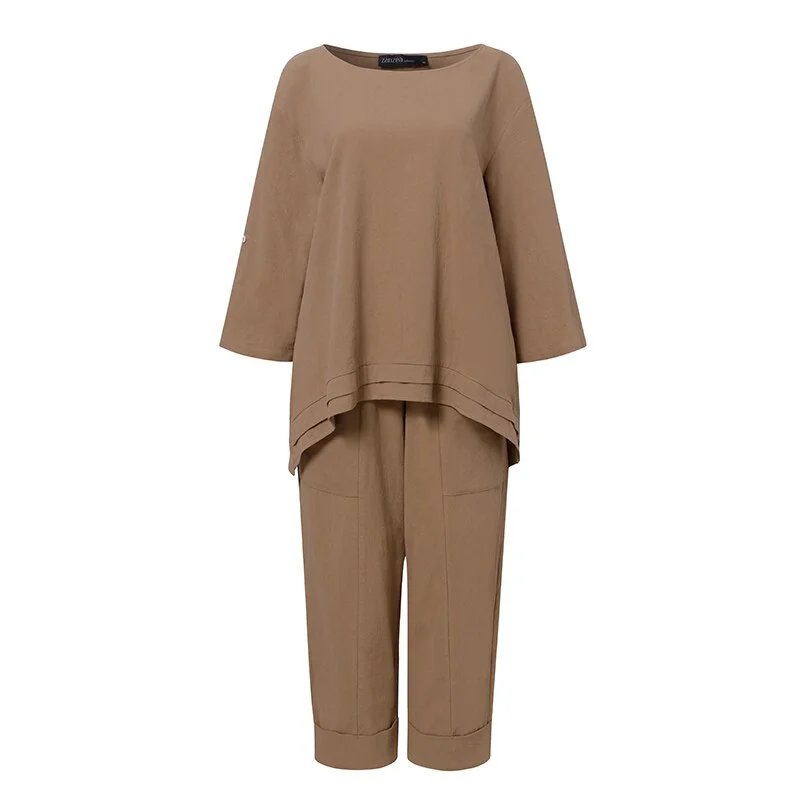 2PC Fashion Long Sleeve Asymmetrical Blouse ZANZEA Women's Sets Autumn Solid Urban Tracksuit Loose Elastic Waist Matching Sets