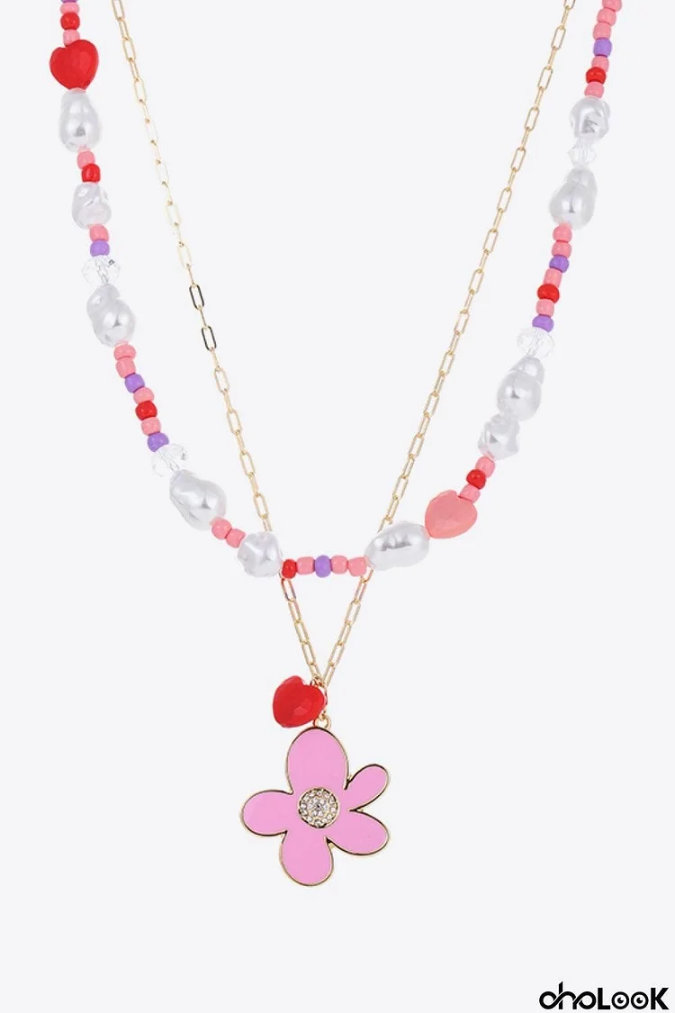 Flower and Heart Pendant Layered Necklace