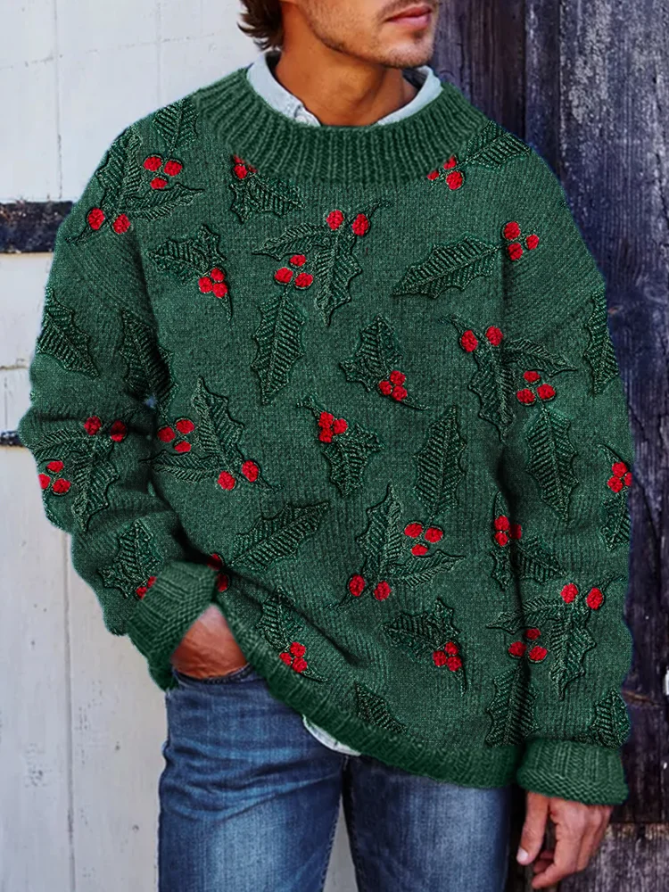 Men's Christmas Berry Fleece Jacquard Cozy Sweater