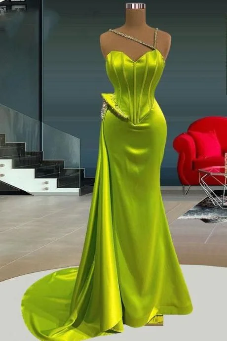Stunning Yellow Green Sweetheart Mermaid Prom Dress Long Beads With Ruffles - lulusllly