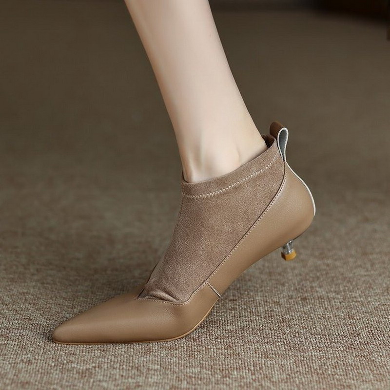 Outebook stylish dresses 2024 Autumn Winter Korean Fashion Pointed Thin Heel Short Boots Women Cat Heel Simple Bare Boot Splicing Ankle Boots Dress Shoes
