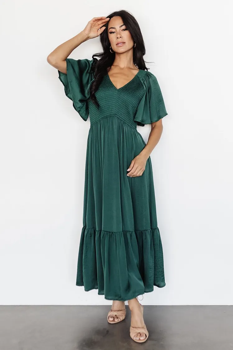 Smocked Floral Midi Dress - Emerald