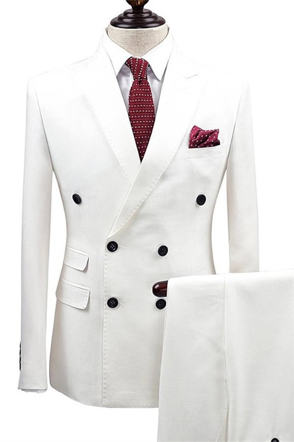 Glamorous Double Breasted White Wedding Suit For Men With 2 Pieces | Ballbellas Ballbellas