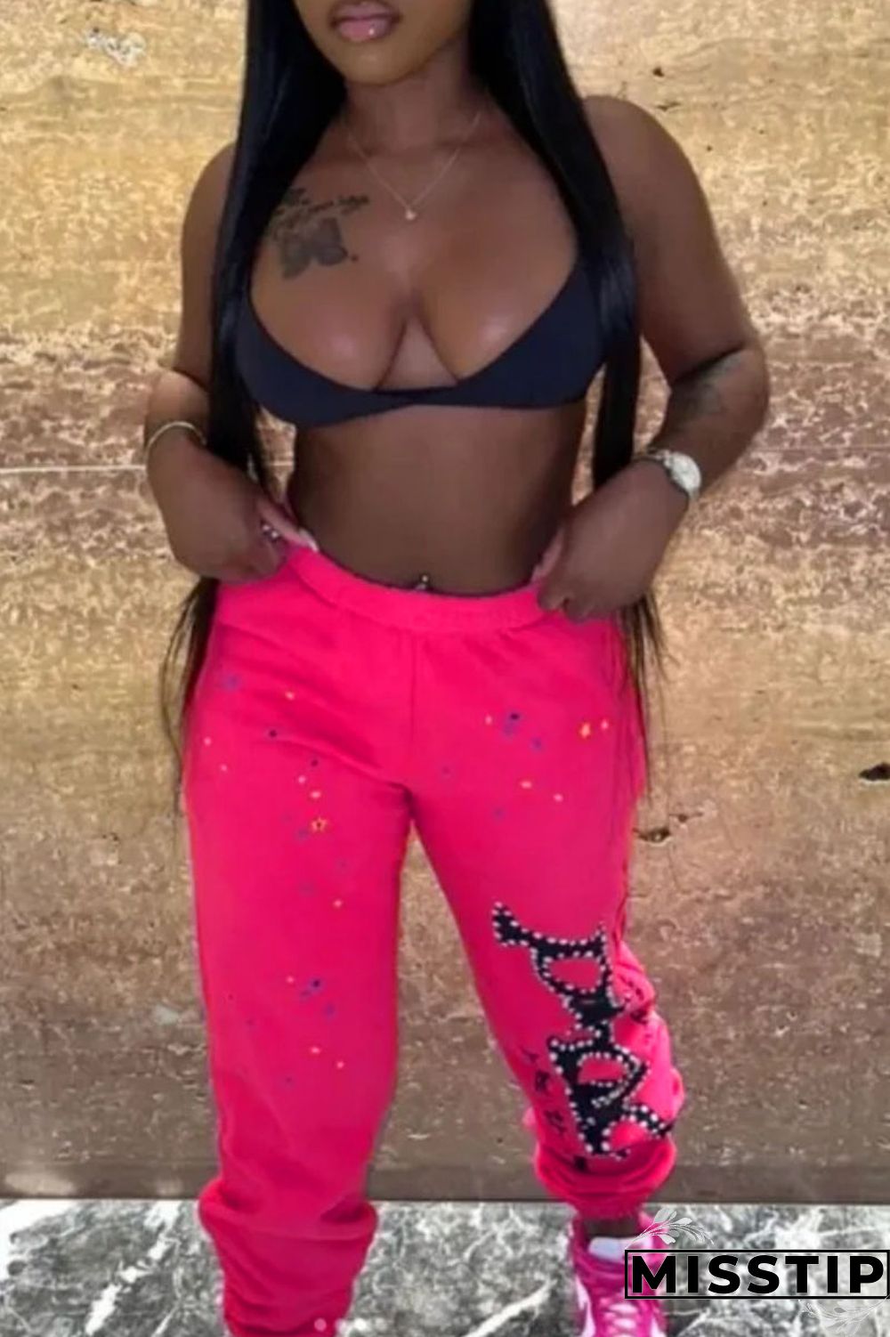 Rose Red Casual Letter Print Patchwork Regular High Waist Conventional Positioning Print Trousers