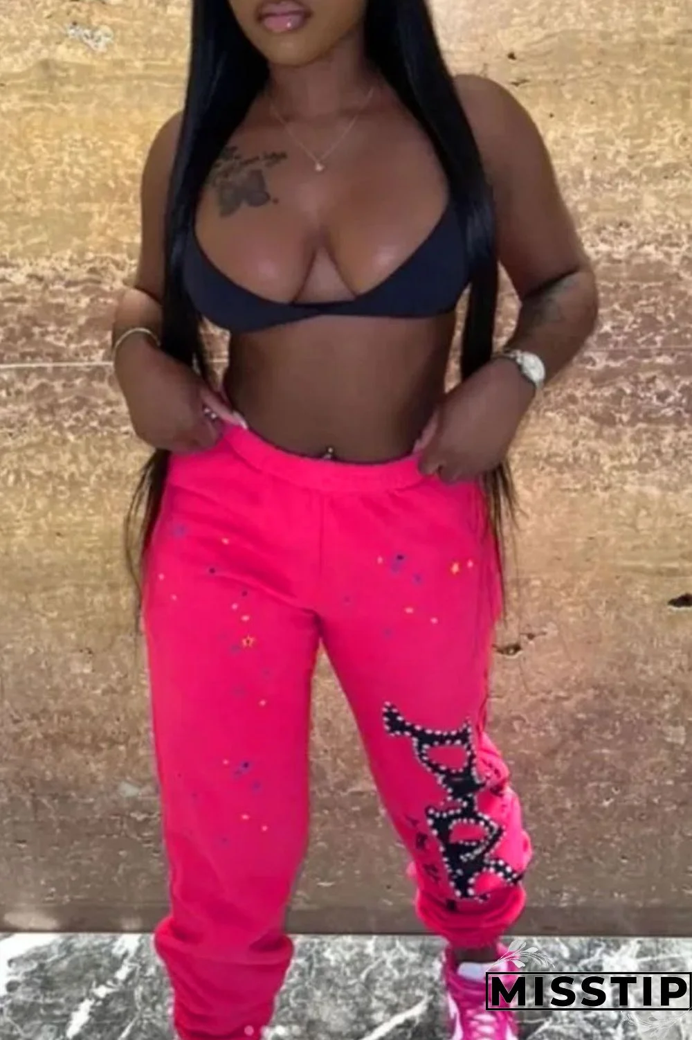 Rose Red Casual Letter Print Patchwork Regular High Waist Conventional Positioning Print Trousers