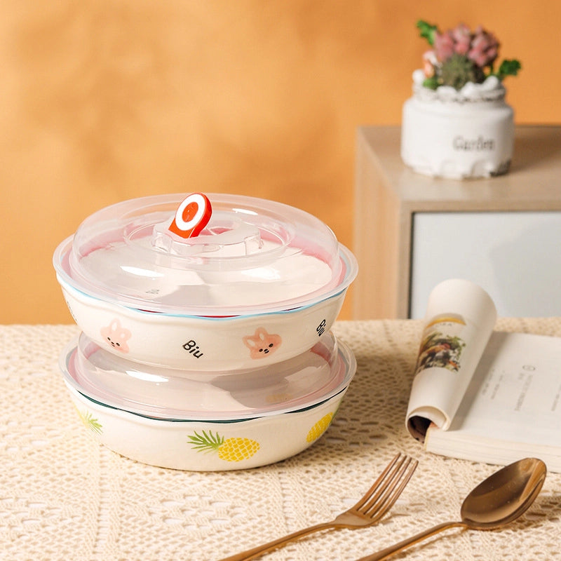 Ceramic Compartment Deep Bowl With Lid Sealed Partition Bowl Heat-resistant Microwave Oven Special Three-compartment Bowl Plate Snack Lunch Box