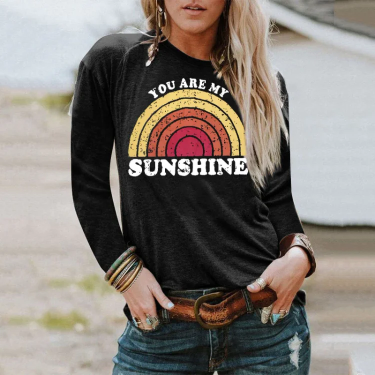 Women Sunshine Rainbow Letter Printing Round Neck Long Sleeve T-Shirt