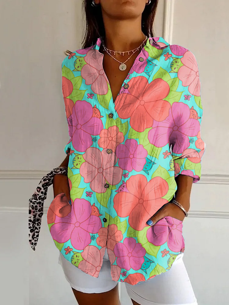 Classic Colorful Floral Print Casual Long Sleeve Shirt