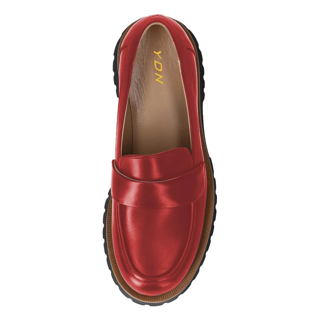 Classic Red Vegan Leather Round Toe Lug Sole Chunky Loafers