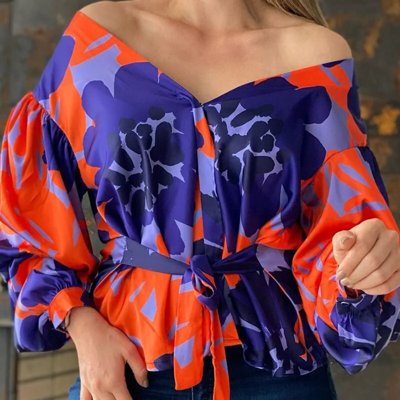 Graduation Gifts  Women Colorblock Lantern Sleeve Tied Detailed Top 2023 Femme Solid Off Shoulder y2k Blouse Office Lady Clothing Tunic