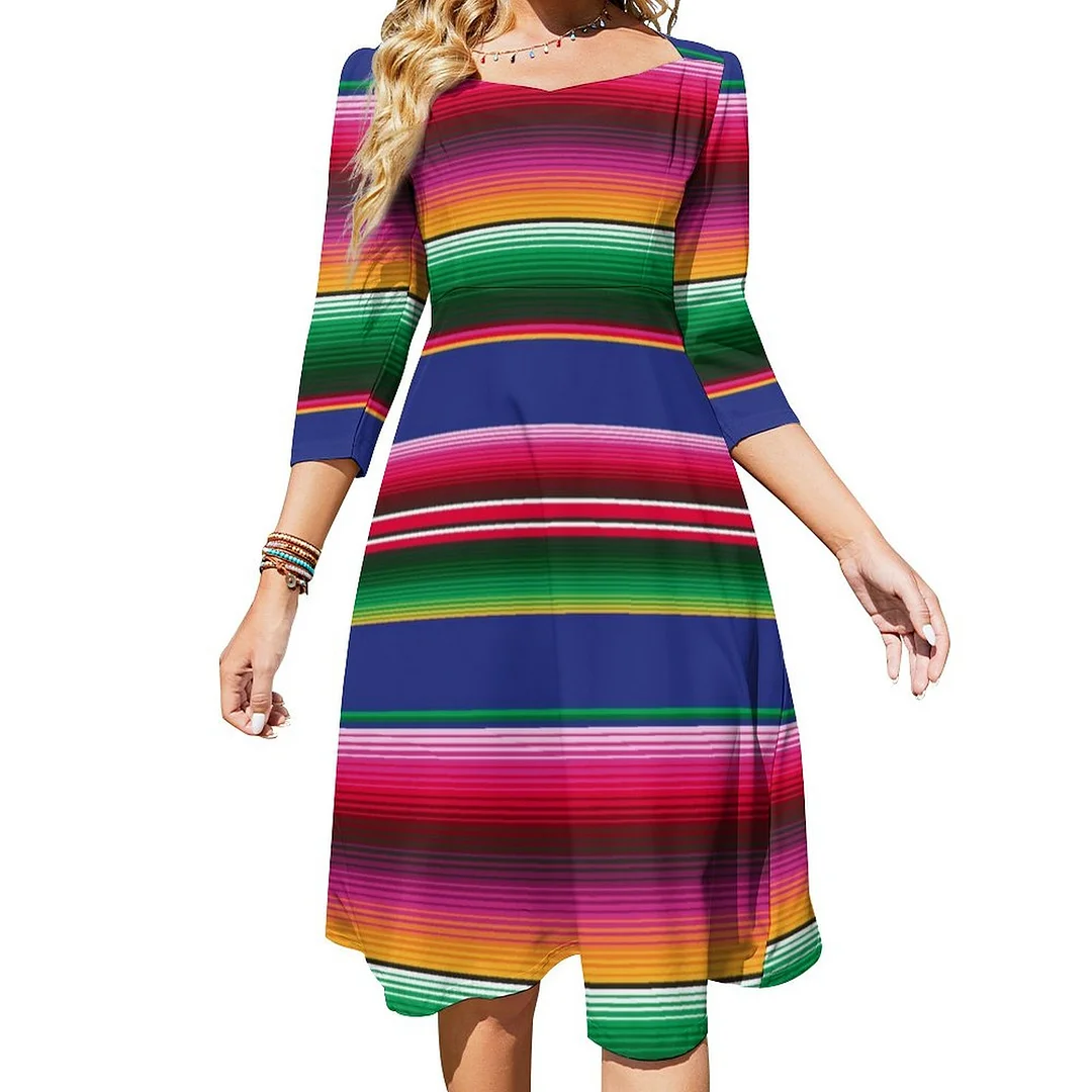 Cinco De Mayo Serape Blanket Pattern Dress Sweetheart Tie Back Flared 3/4 Sleeve Midi Dresses