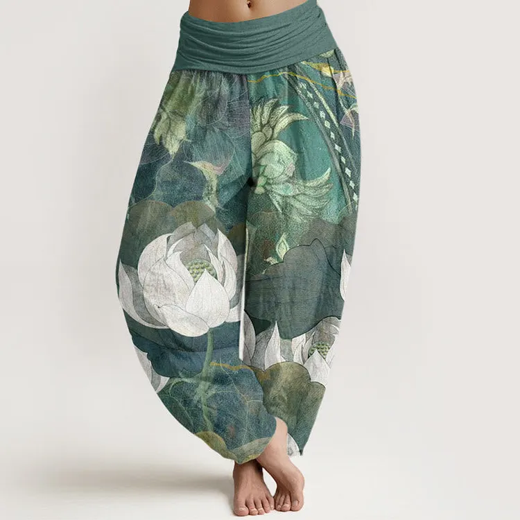 Cotton White Lotus Leaves Pattern Casual Women's Elastic Waist Harem Pants